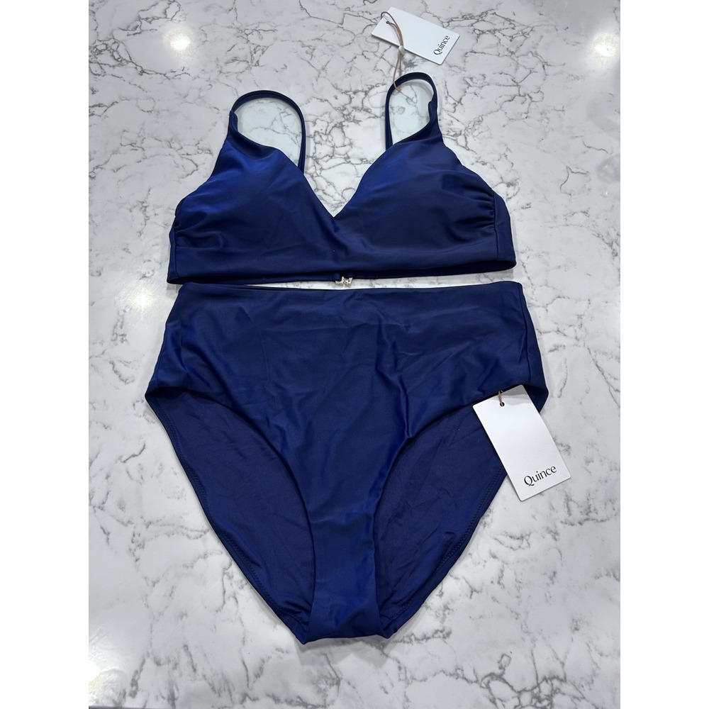 NWT Quince Deep Navy Blue Italian V Neck Top High Rise Bottom Bikini Set Medium